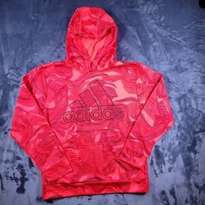 Adidas Boys Red Pink Wavy Graphic Fleece Hoodie Sweatshirt AA7214 Size L 14/16
